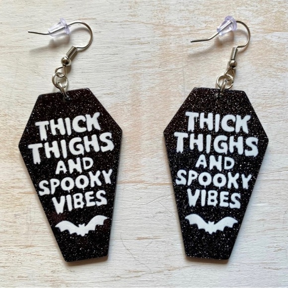 Thick Thighs and Spooky Vibes Coffin Shaped Earrings Glitter Resin - Picture 1 of 1
